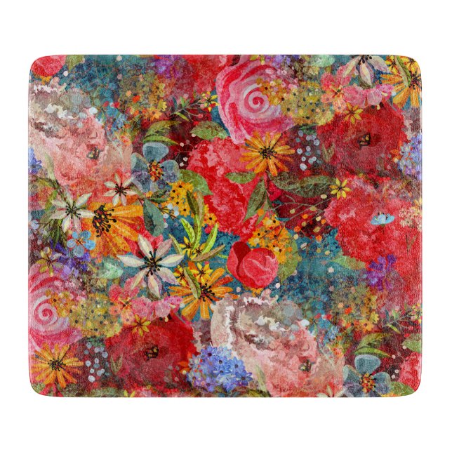 Beautiful Bright Colourful Abstract Floral Pattern Cutting Board (Front)