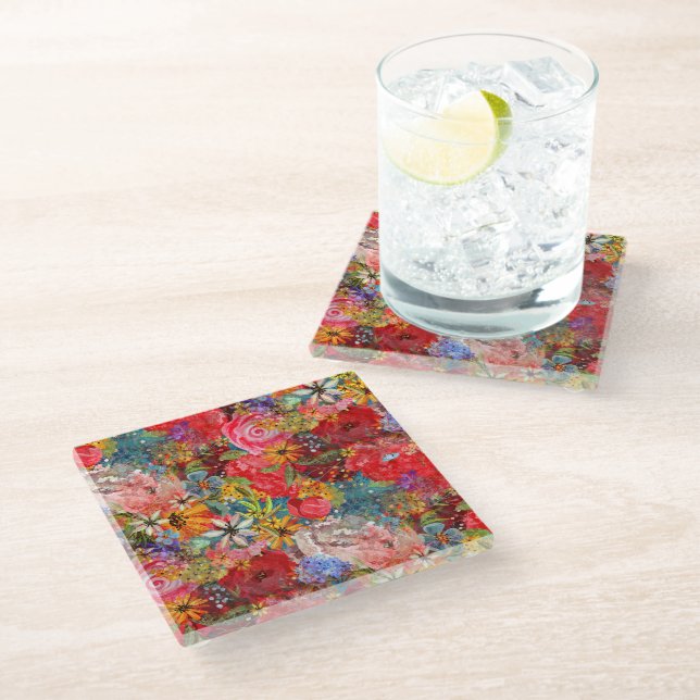 Beautiful Bright Colourful Abstract Floral Pattern Glass Coaster (Angled)