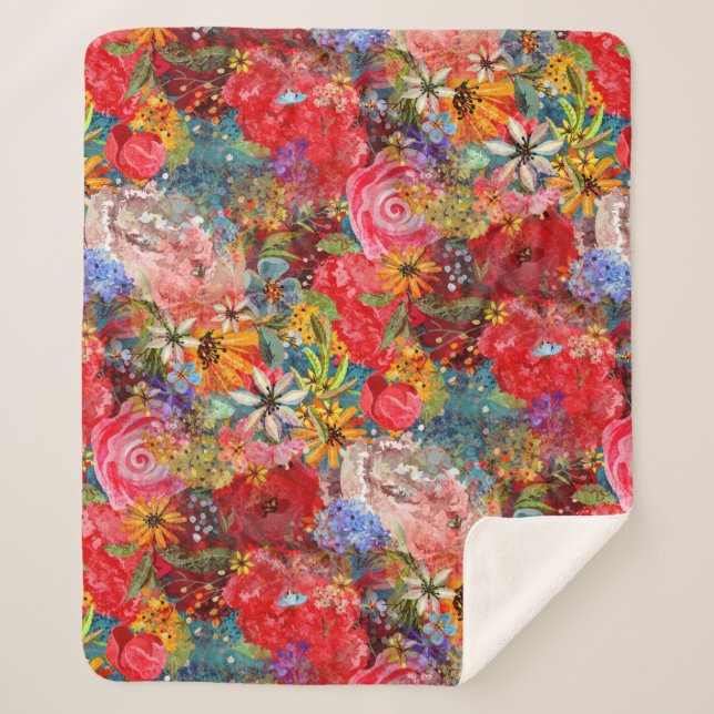 Beautiful Bright Colourful Abstract Floral Pattern Sherpa Blanket (Front)