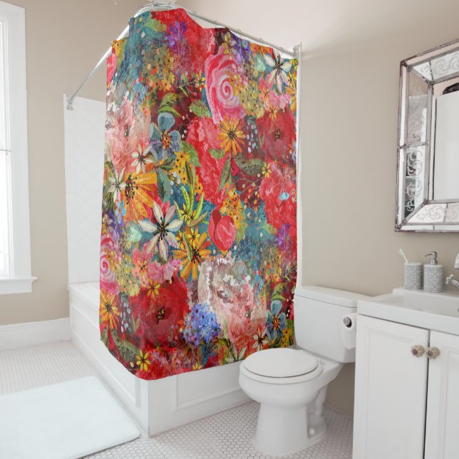 Beautiful Bright Colourful Abstract Floral Pattern Shower Curtain (In Situ)