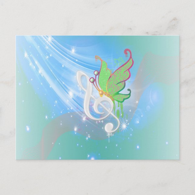 Beautiful bright cool white music note butterfly postcard (Front)