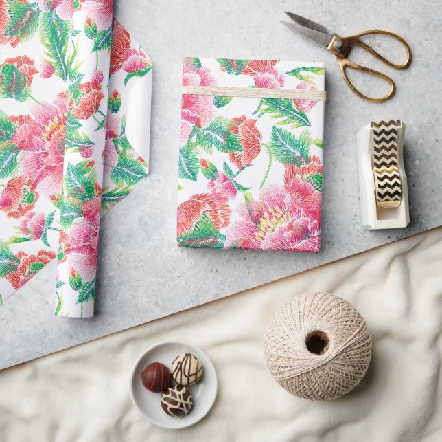 Beautiful Bright Girly Pink Flowers Pattern Wrapping Paper (Crafts)