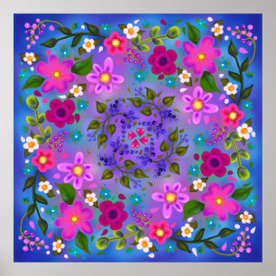 Beautiful Bright Pink Flowers and Blue Berries Poster