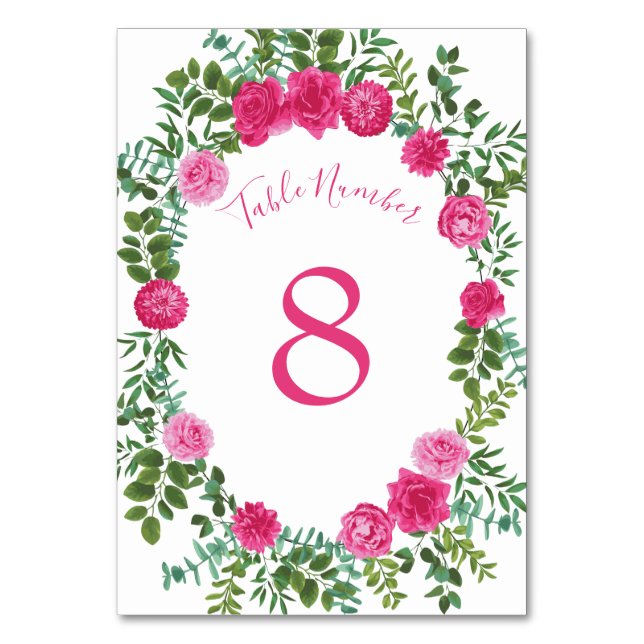 Beautiful Bright Pink Wedding Roses Floral Table Number (Back)