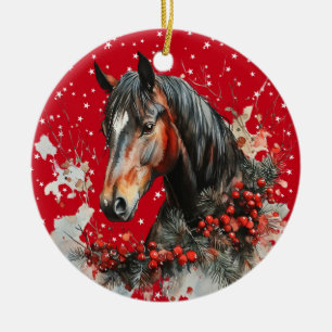 BEAUTIFUL BROWN AND WHITE CHRISTMAS HORSE CERAMIC TREE DECORATION