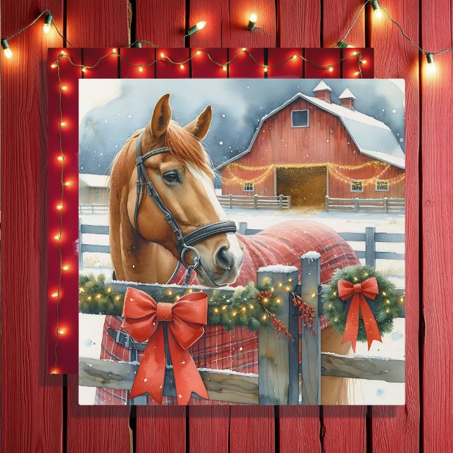 Beautiful Brown Horse at a Festive Barn Christmas Holiday Card (Creator Uploaded)