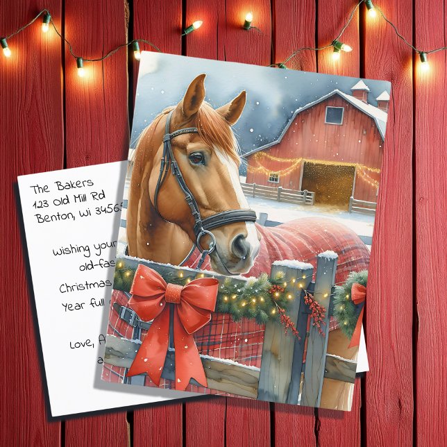 Beautiful Brown Horse at a Festive Barn Christmas Postcard (Creator Uploaded)