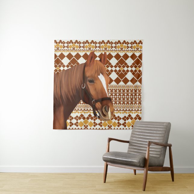 Beautiful Brown horse on Earthy Geometric Pattern  Tapestry (In Situ)