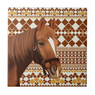 Beautiful Brown horse on Earthy Geometric Pattern Tile