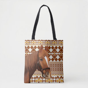 Beautiful Brown horse on Earthy Geometric Pattern  Tote Bag