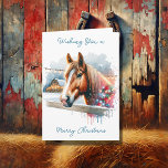 Beautiful Brown Horse on Farm Christmas Card<br><div class="desc">Personalised Christmas card. Wishing you a calm and cosy Christmas. Pretty watercolor brown horse behind a rustic fence with a barn in the background on a snowy winter day.</div>