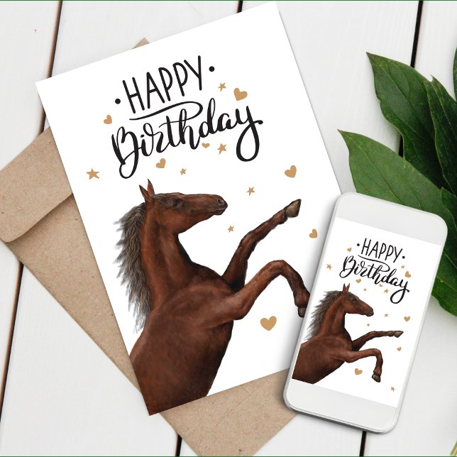 Beautiful brown horse rearing Birthday Card (Beautiful brown horse rearing, lettering Happy Birthday with golden stars and hearts)