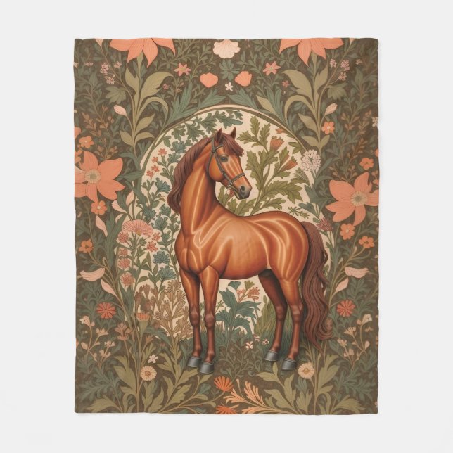 Beautiful Brown Horse William Morris Inspired  Fleece Blanket (Front)