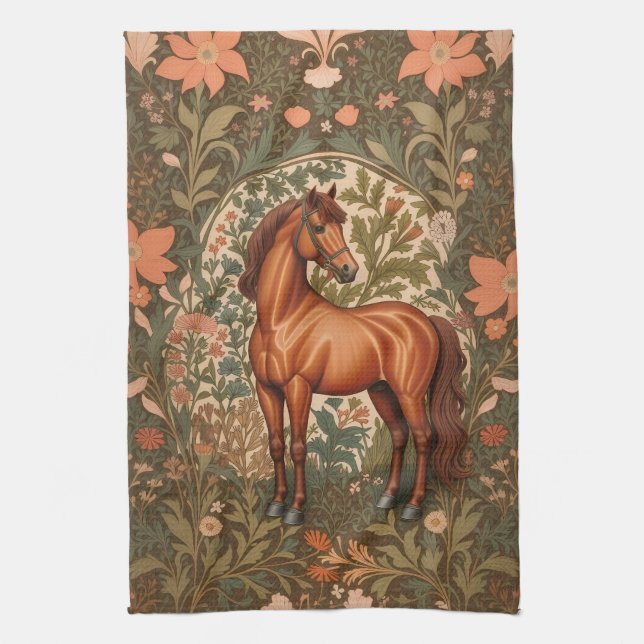 Beautiful Brown Horse William Morris Inspired  Tea Towel (Vertical)