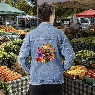 Beautiful Brown Owl Colourful Flower Bouquet Denim Jacket