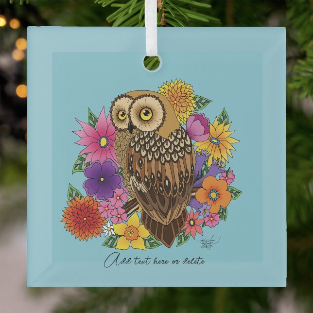 Beautiful Brown Owl Colourful Flower Bouquet Glass Tree Decoration (Creator Uploaded)
