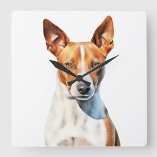 BEAUTIFUL BROWN & WHITE BASENJI DOG SQUARE WALL CLOCK