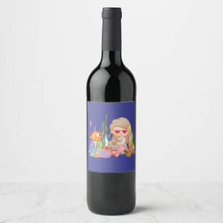 Beautiful BRUNET HAIR mermaid playing in the sea Wine Label