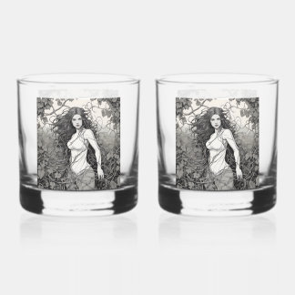 Beautiful Brunette Woman In Vines Drawing Whiskey Glass