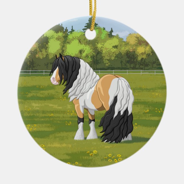 Beautiful Buckskin Pinto Gypsy Vanner Draft Horse  Ceramic Tree Decoration (Front)