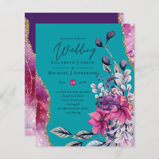 Beautiful BUDGET Pink Teal Floral Agate Wedding (Front/Back)