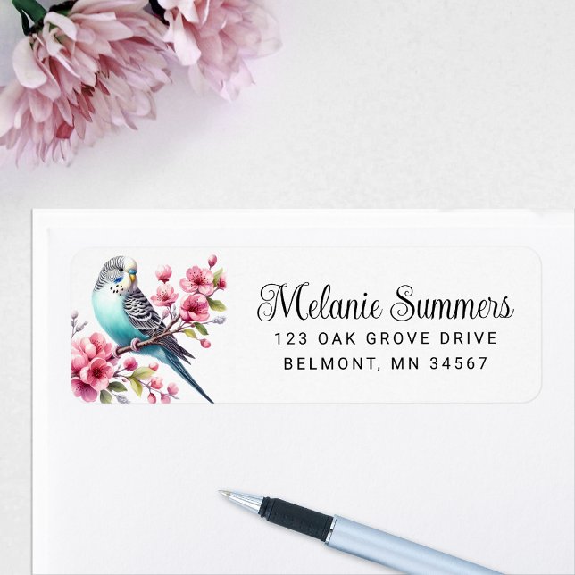 Beautiful Budgie with Pink Flowers Return Address (Creator Uploaded)