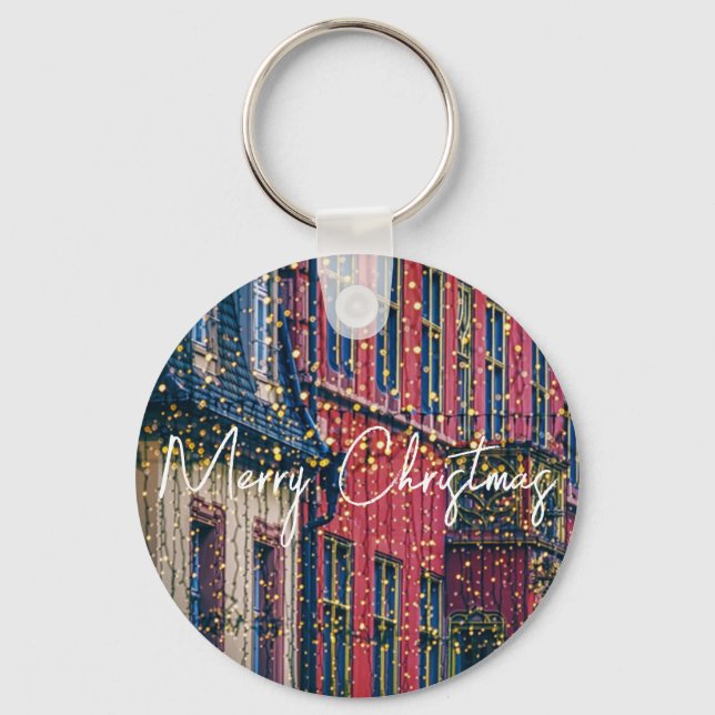 Beautiful Buildings Covered in Christmas Lights Key Ring (Front)