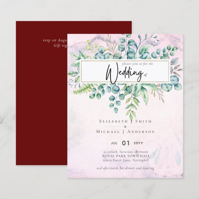 Beautiful Burgundy Blue Eucalyptus BUDGET Invite (Front/Back)
