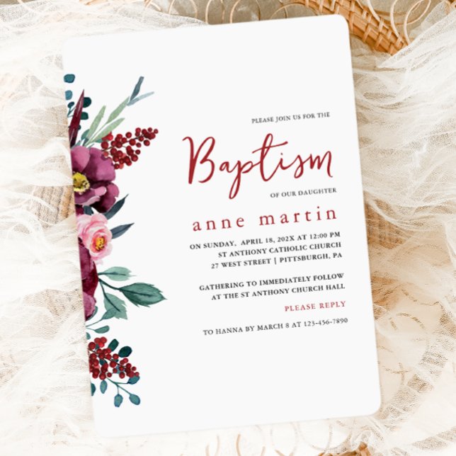 Beautiful Burgundy Blush Floral Girl's Baptism Invitation (Creator Uploaded)