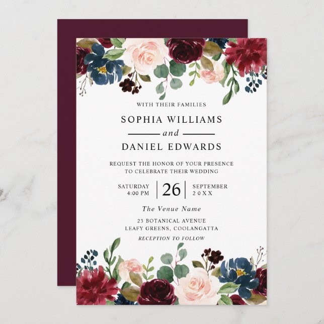 Beautiful Burgundy Blush Floral Wedding Invitation (Front/Back)