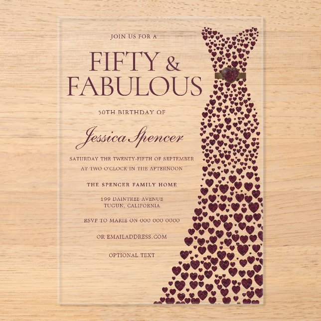 Beautiful Burgundy Dress Elegant 50th Birthday  Acrylic Invitations (Front)
