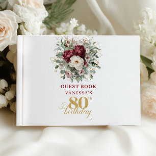 Beautiful Burgundy Floral 80th Birthday Guest Book