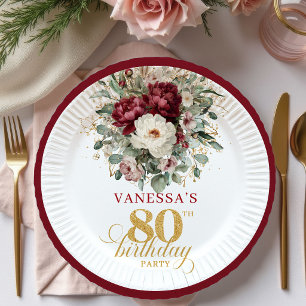 Beautiful Burgundy Floral 80th Birthday Paper  Plate