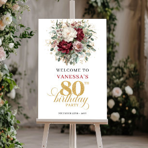 Beautiful Burgundy Floral 80th Birthday Welcome  Poster