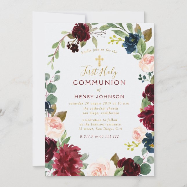 Beautiful burgundy floral first holy communion invitation (Front)