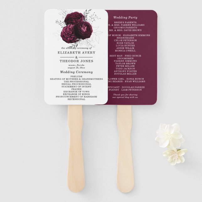 Beautiful Burgundy Floral Wedding Program Hand Fan (Front and Back)