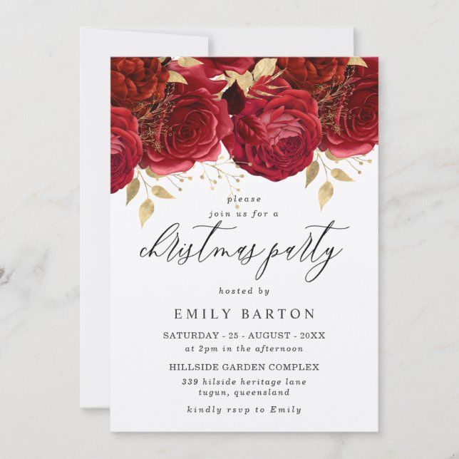 Beautiful Burgundy Red Roses Christmas Party Invitation (Front)