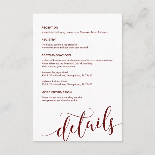 Beautiful, Burgundy Script, Our Wedding Details Enclosure Card (Front)
