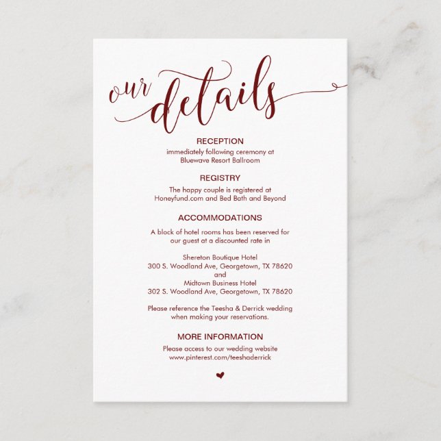 Beautiful, Burgundy Script, Our Wedding Details Enclosure Card (Front)