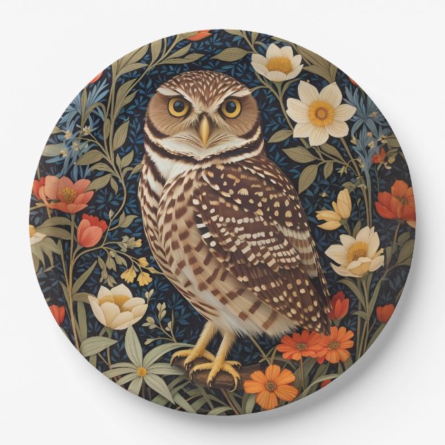 Beautiful Burrowing Owl William Morris Inspired Paper Plate (Front)