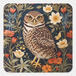 Beautiful Burrowing Owl William Morris Inspired Square Sticker