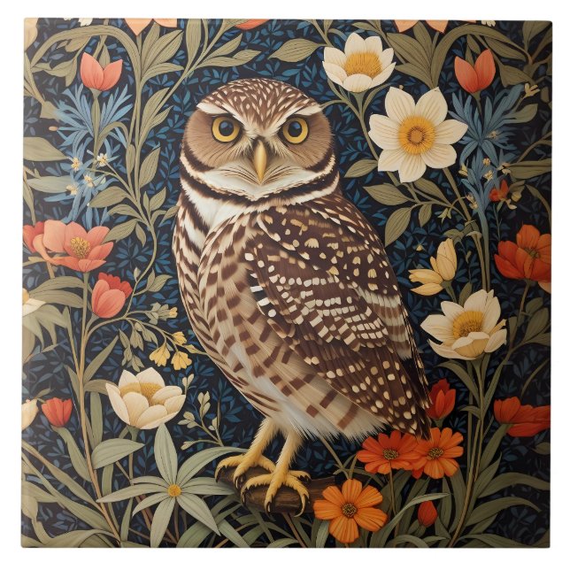 Beautiful Burrowing Owl William Morris Inspired Tile (Front)