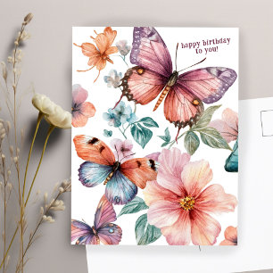 Beautiful Butterflies and Flowers Happy Birthday Postcard