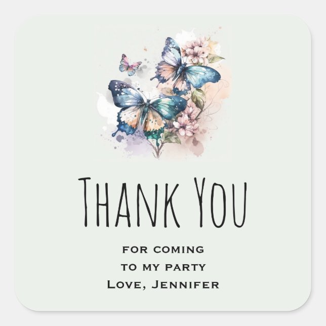 Beautiful Butterflies and Flowers Party Thank You Square Sticker (Front)