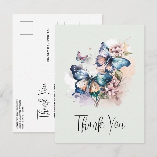 Beautiful Butterflies and Flowers Thank You Postcard (Front/Back)