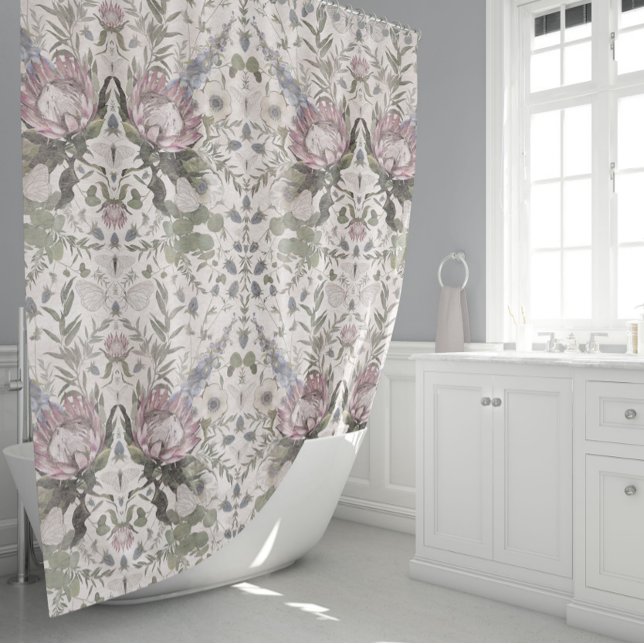 Beautiful Butterflies Floral Shower Curtain (Elegant Butterflies Floral Protea Anemone Larkspur Shower Curtain from Studio Posies.)