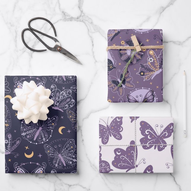 Beautiful Butterflies in Purple Wrapping Paper Sheet (Front)