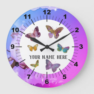 Beautiful Butterflies & Rose Background Large Clock