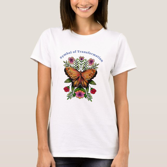 Beautiful Butterfly and Colourful Flowers T-Shirt (Front)
