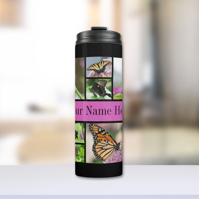 Beautiful Butterfly and Floral Family Name Thermal Tumbler (Pretty butterflies fill this thermal tumbler. Customizable with a name or phrase as well!)